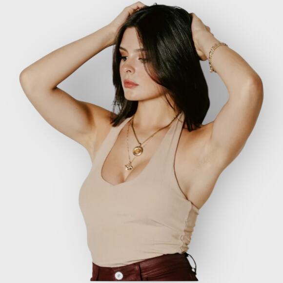 Klassy Network Large V-Neck Crop Top Tan Built-in Bra Halter Loungewear Casual - Picture 6 of 7